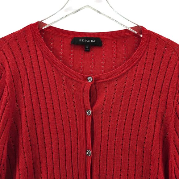 St John Cardigan Sweater Womens XL Red Wool Blend Mixed Knit Designer Luxury - Picture 2 of 11